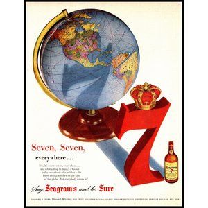 1951 Seagram's 7 Seven Crown Whiskey Vintage Print Ad Globe Map World Wall Art